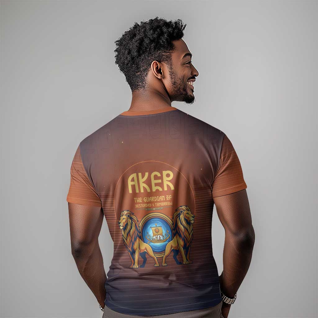 Aker T shirt Ancient Egyptian Sunset Gradient, Twin Lion Guardians, and Solar Disc - African Pride