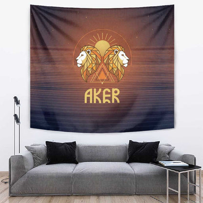Aker Tapestry Ancient Egyptian Sunset Gradient, Twin Lion Guardians, and Solar Disc - African Pride