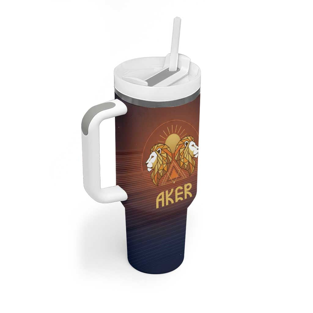 Aker Tumbler With Handle Ancient Egyptian Sunset Gradient, Twin Lion Guardians, and Solar Disc - African Pride