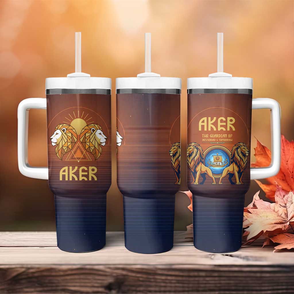 Aker Tumbler With Handle Ancient Egyptian Sunset Gradient, Twin Lion Guardians, and Solar Disc - African Pride