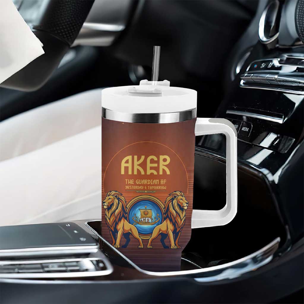 Aker Tumbler With Handle Ancient Egyptian Sunset Gradient, Twin Lion Guardians, and Solar Disc - African Pride