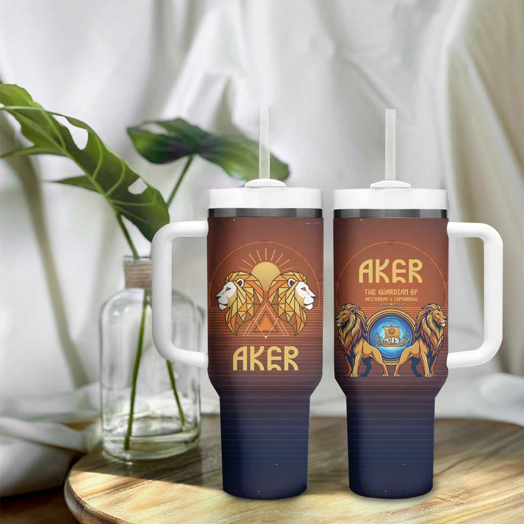 Aker Tumbler With Handle Ancient Egyptian Sunset Gradient, Twin Lion Guardians, and Solar Disc - African Pride