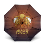 Aker Umbrella Ancient Egyptian Sunset Gradient, Twin Lion Guardians, and Solar Disc - African Pride