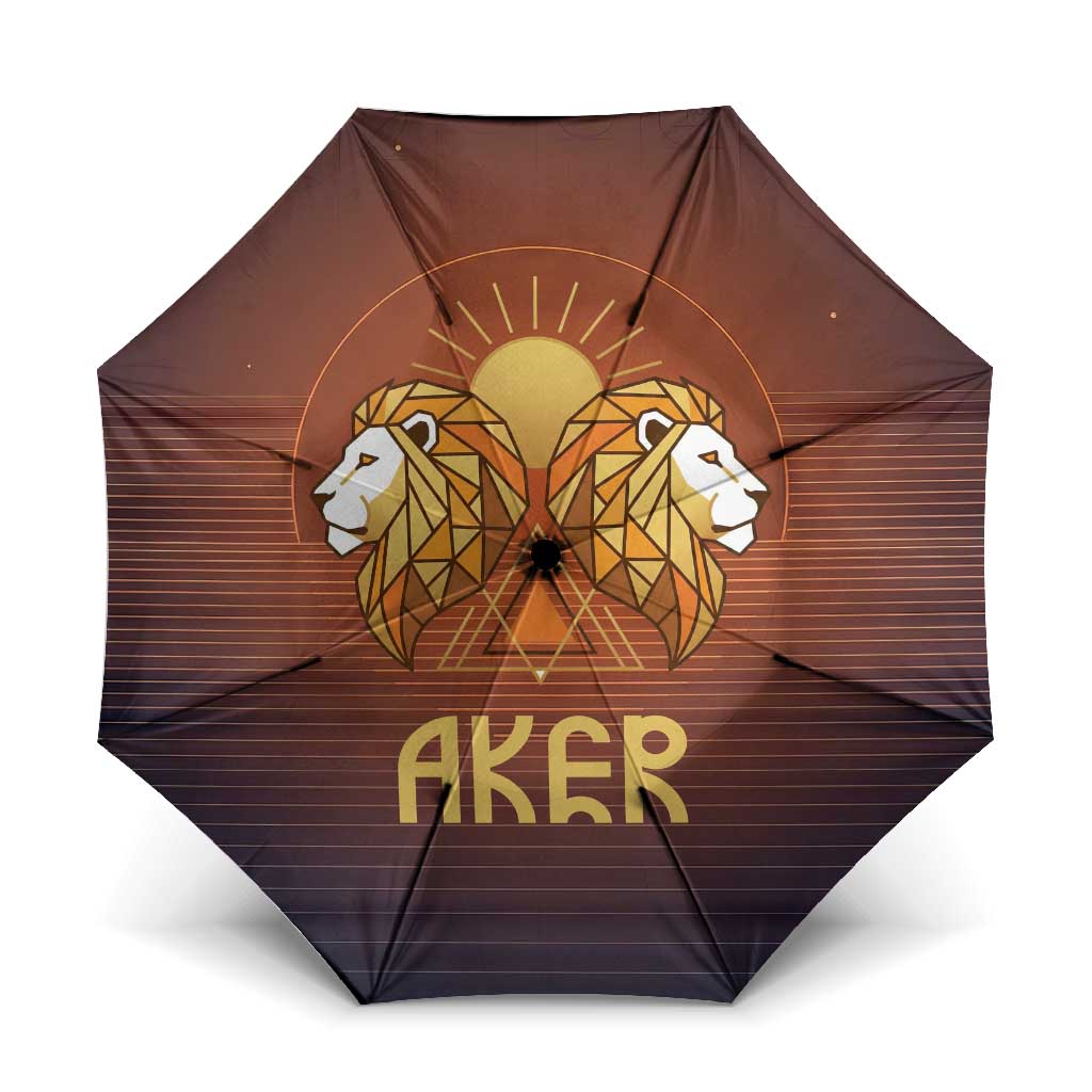Aker Umbrella Ancient Egyptian Sunset Gradient, Twin Lion Guardians, and Solar Disc - African Pride