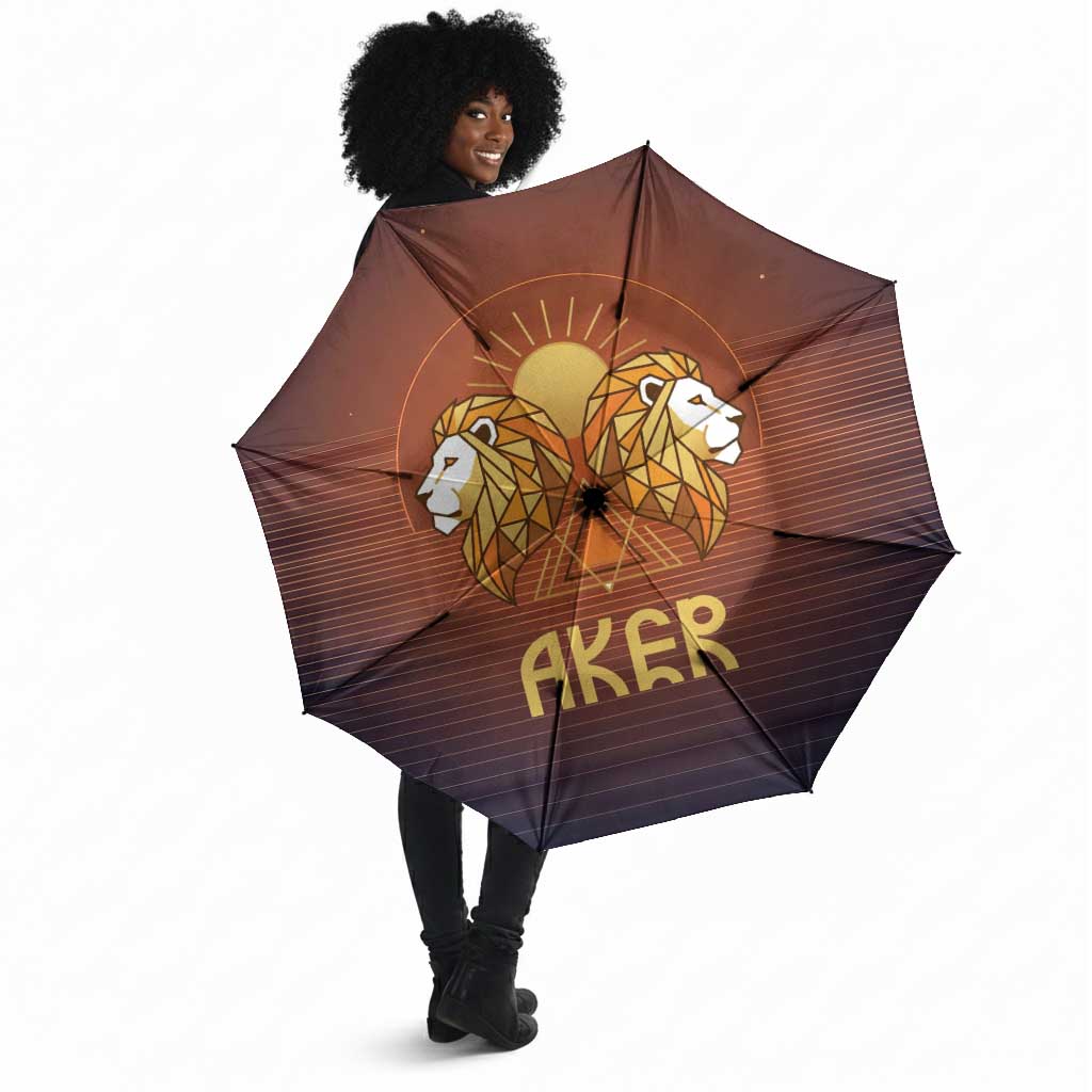 Aker Umbrella Ancient Egyptian Sunset Gradient, Twin Lion Guardians, and Solar Disc - African Pride