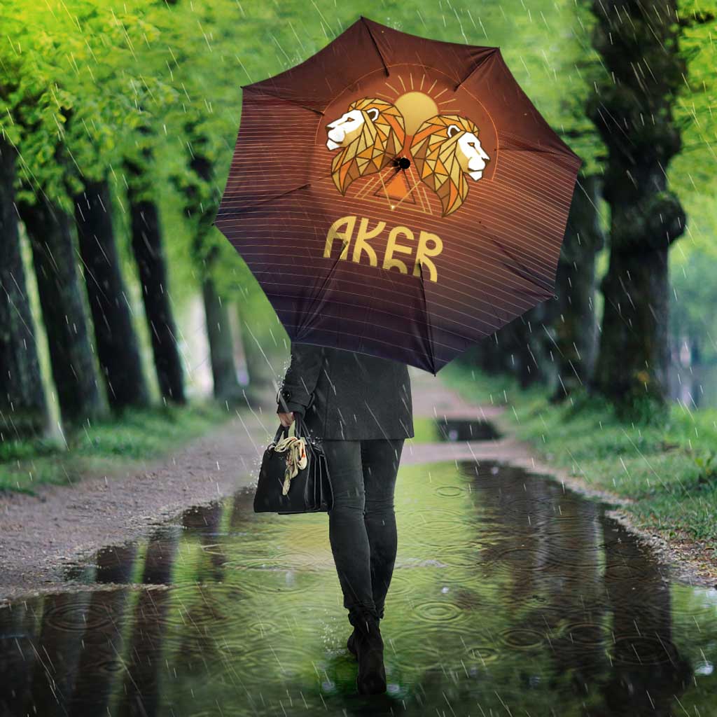 Aker Umbrella Ancient Egyptian Sunset Gradient, Twin Lion Guardians, and Solar Disc - African Pride
