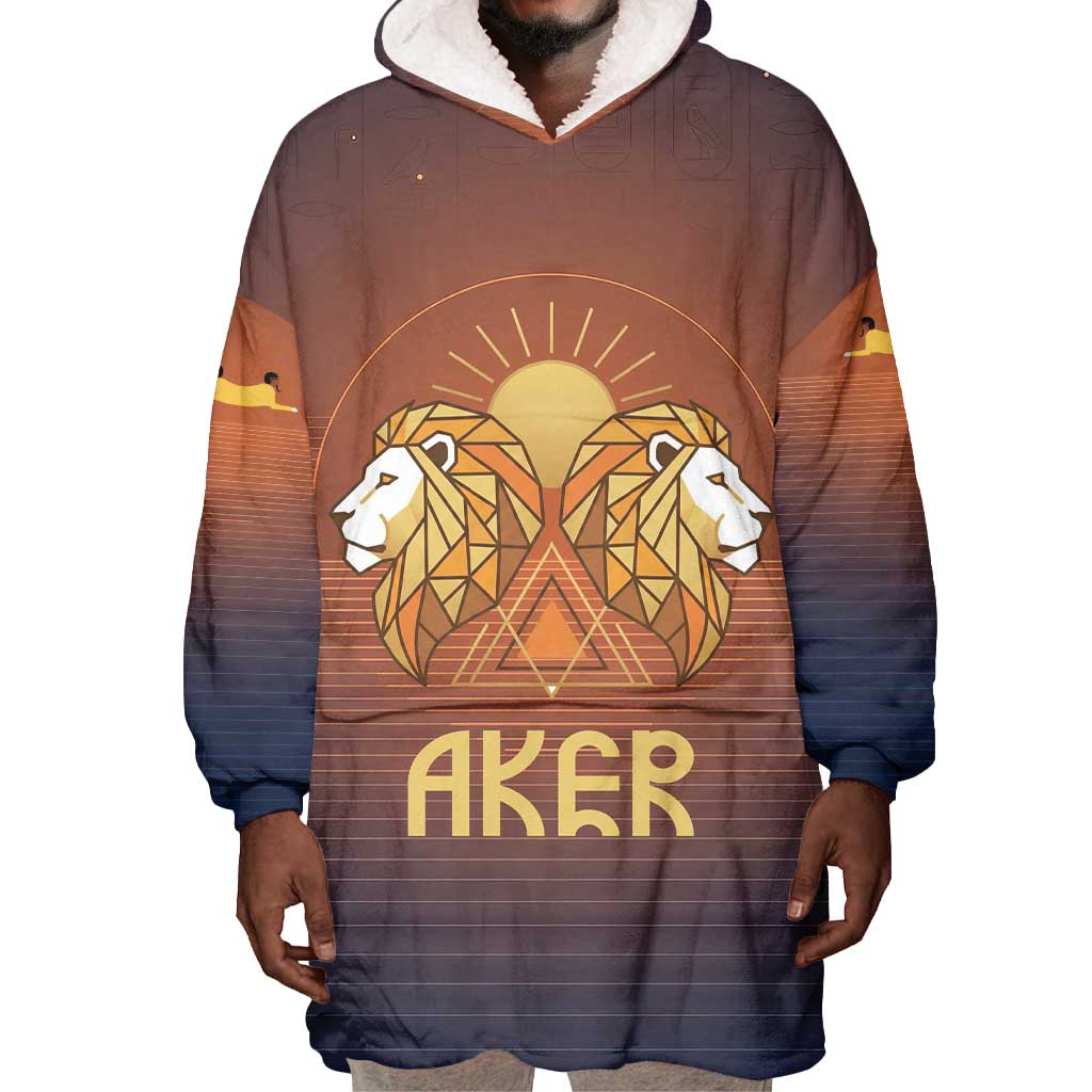 Aker Wearable Blanket Hoodie Ancient Egyptian Sunset Gradient, Twin Lion Guardians, and Solar Disc - African Pride