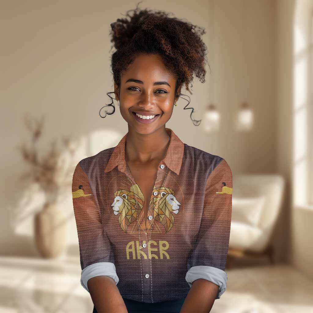 Aker Women Casual Shirt Ancient Egyptian Sunset Gradient, Twin Lion Guardians, and Solar Disc - African Pride