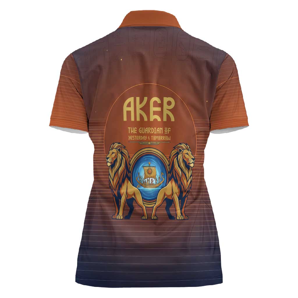 Aker Women Polo Shirt Ancient Egyptian Sunset Gradient, Twin Lion Guardians, and Solar Disc - African Pride