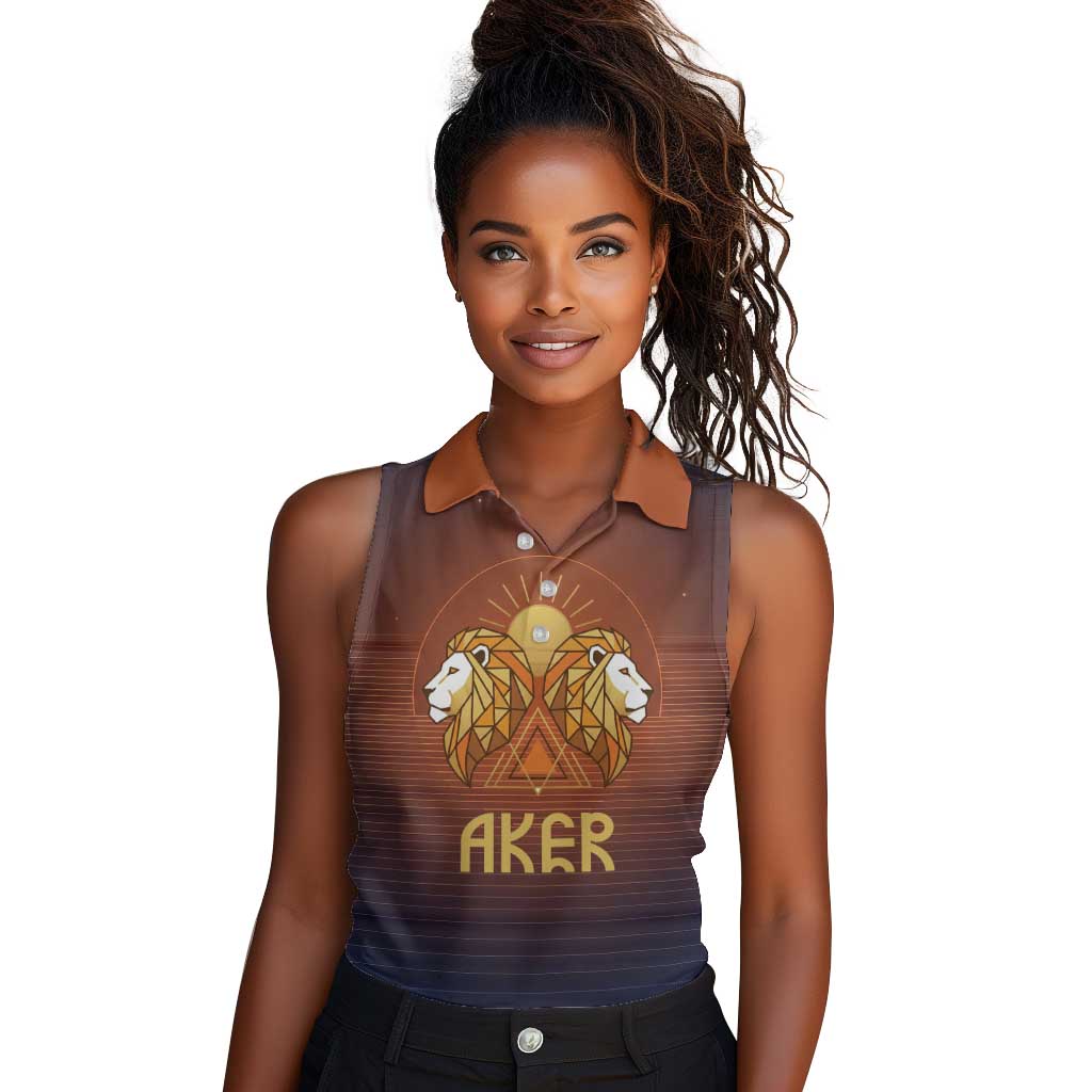 Aker Women Sleeveless Polo Shirt Ancient Egyptian Sunset Gradient, Twin Lion Guardians, and Solar Disc - African Pride