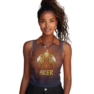 Aker Women Sleeveless Polo Shirt Ancient Egyptian Sunset Gradient, Twin Lion Guardians, and Solar Disc - African Pride