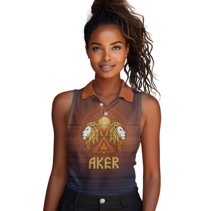 Aker Women Sleeveless Polo Shirt Ancient Egyptian Sunset Gradient, Twin Lion Guardians, and Solar Disc - African Pride
