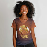 Aker Women V-Neck T-Shirt Ancient Egyptian Sunset Gradient, Twin Lion Guardians, and Solar Disc - African Pride