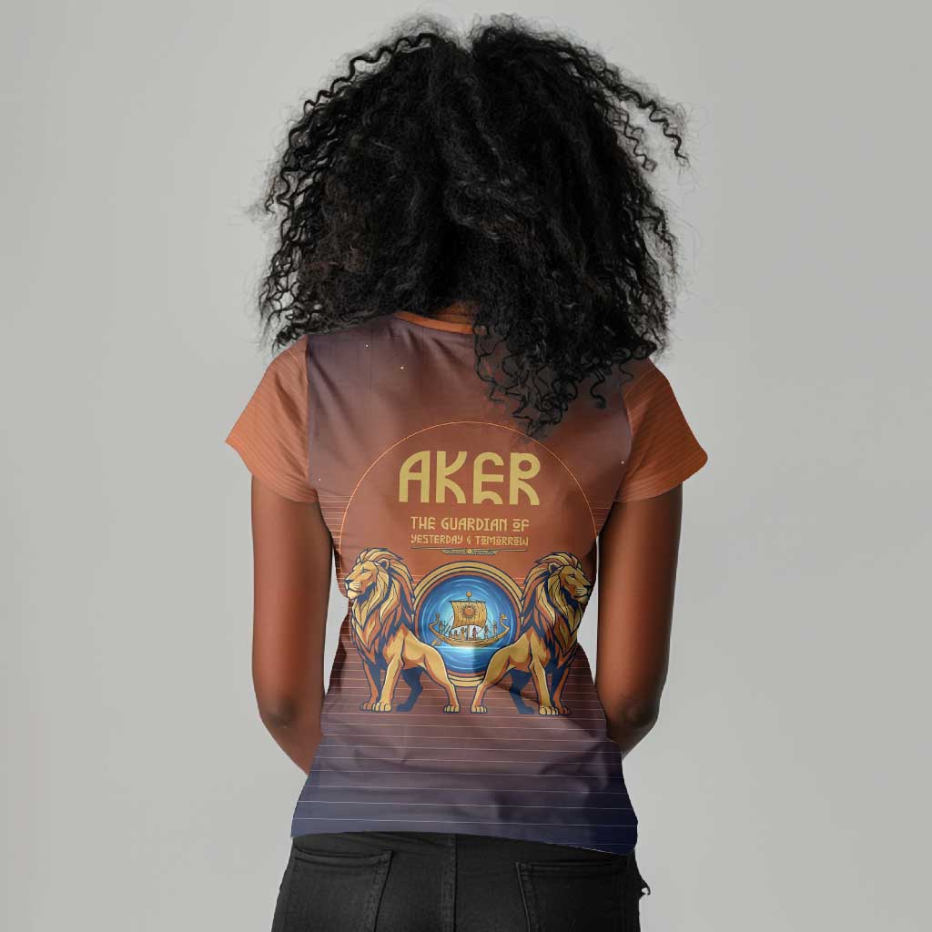 Aker Women V-Neck T-Shirt Ancient Egyptian Sunset Gradient, Twin Lion Guardians, and Solar Disc - African Pride