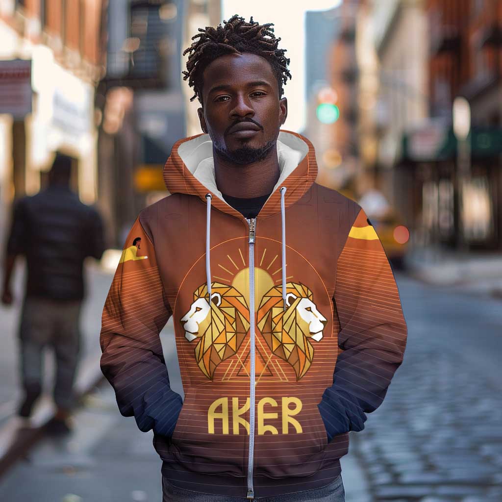 Aker Zip Hoodie Ancient Egyptian Sunset Gradient, Twin Lion Guardians, and Solar Disc - African Pride