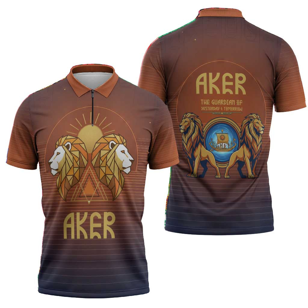Aker Zipper Polo Shirt Ancient Egyptian Sunset Gradient, Twin Lion Guardians, and Solar Disc - African Pride