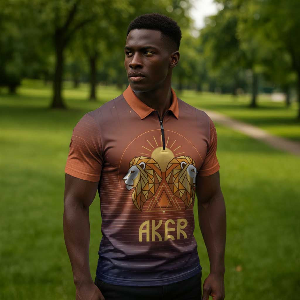 Aker Zipper Polo Shirt Ancient Egyptian Sunset Gradient, Twin Lion Guardians, and Solar Disc - African Pride