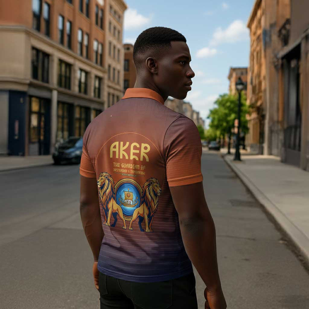 Aker Zipper Polo Shirt Ancient Egyptian Sunset Gradient, Twin Lion Guardians, and Solar Disc - African Pride