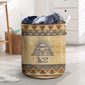Aker Ancient Egyptian Laundry Basket with Hieroglyphic Pattern, Pyramid Symbol, and Twin Lion Guardians Motif - African Pride