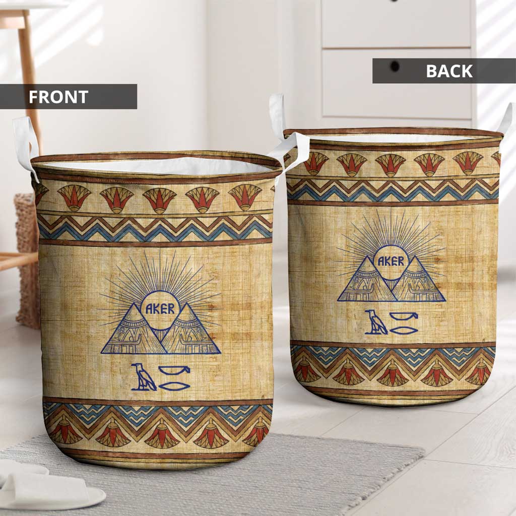 Aker Ancient Egyptian Laundry Basket with Hieroglyphic Pattern, Pyramid Symbol, and Twin Lion Guardians Motif - African Pride