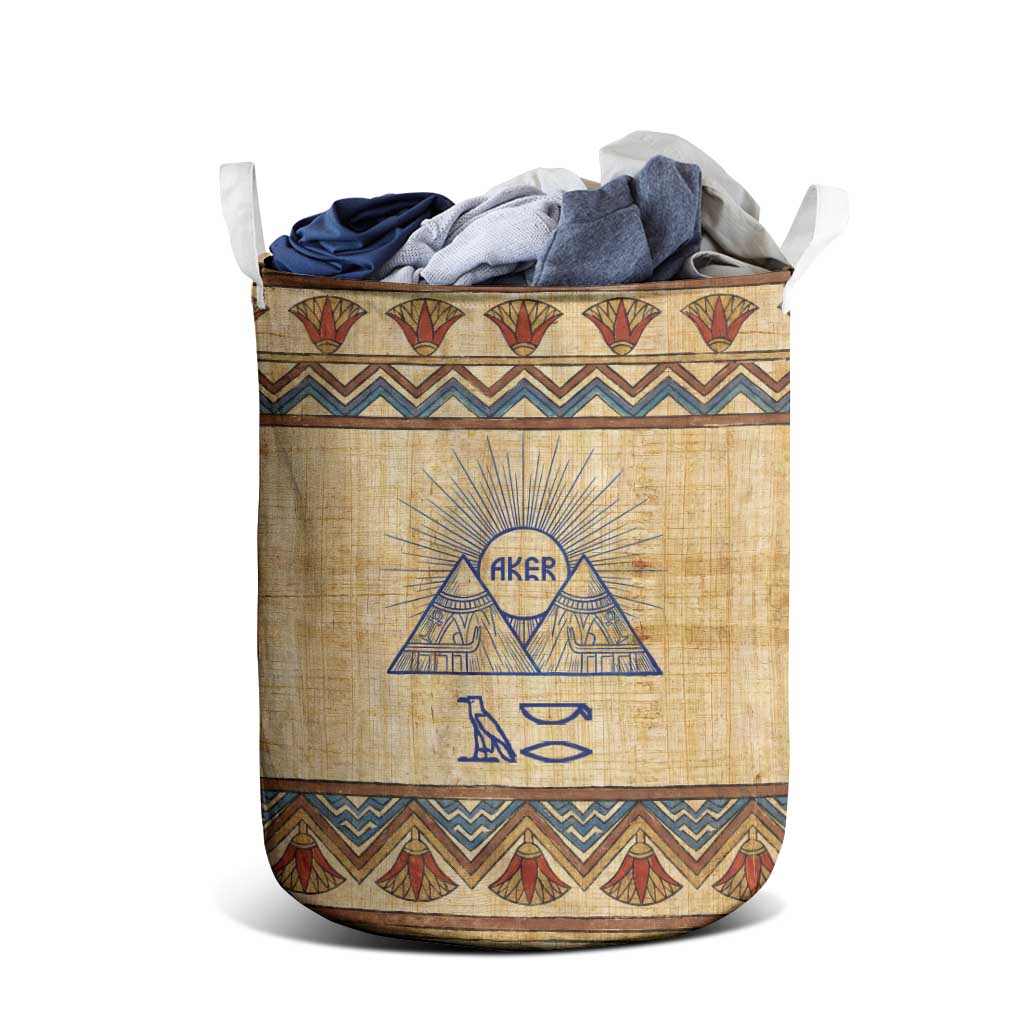 Aker Ancient Egyptian Laundry Basket with Hieroglyphic Pattern, Pyramid Symbol, and Twin Lion Guardians Motif - African Pride