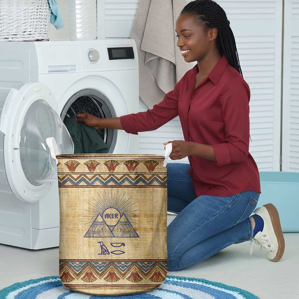 Aker Ancient Egyptian Laundry Basket with Hieroglyphic Pattern, Pyramid Symbol, and Twin Lion Guardians Motif - African Pride