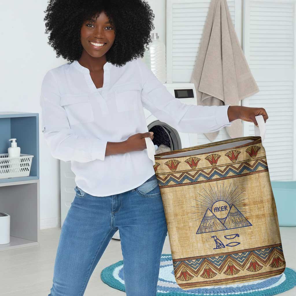 Aker Ancient Egyptian Laundry Basket with Hieroglyphic Pattern, Pyramid Symbol, and Twin Lion Guardians Motif - African Pride