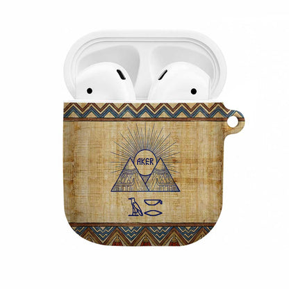 Aker Ancient Egyptian AirPods Case with Hieroglyphic Pattern, Pyramid Symbol, and Twin Lion Guardians Motif - African Pride