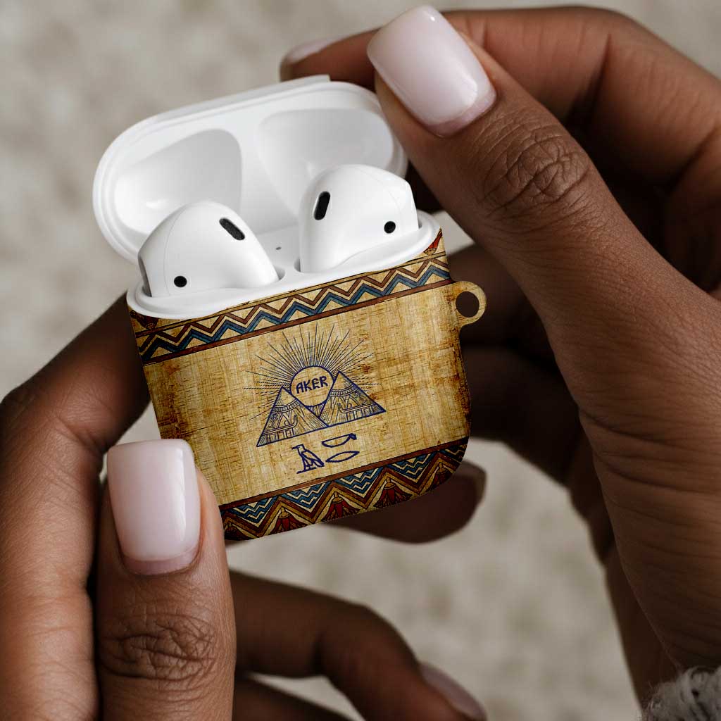 Aker Ancient Egyptian AirPods Case with Hieroglyphic Pattern, Pyramid Symbol, and Twin Lion Guardians Motif - African Pride
