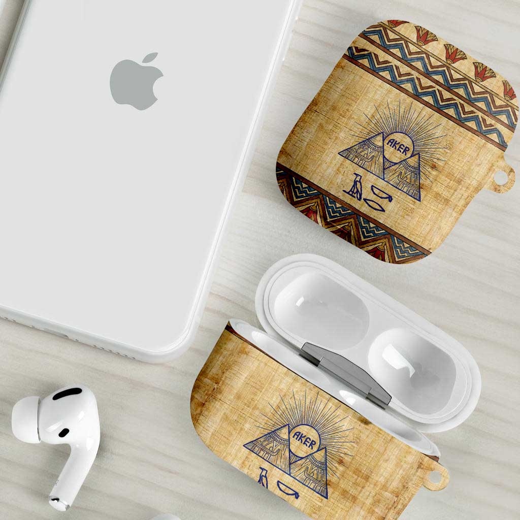 Aker Ancient Egyptian AirPods Case with Hieroglyphic Pattern, Pyramid Symbol, and Twin Lion Guardians Motif - African Pride