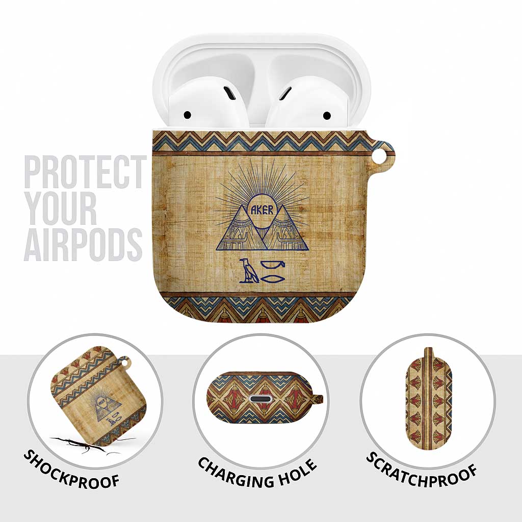 Aker Ancient Egyptian AirPods Case with Hieroglyphic Pattern, Pyramid Symbol, and Twin Lion Guardians Motif - African Pride
