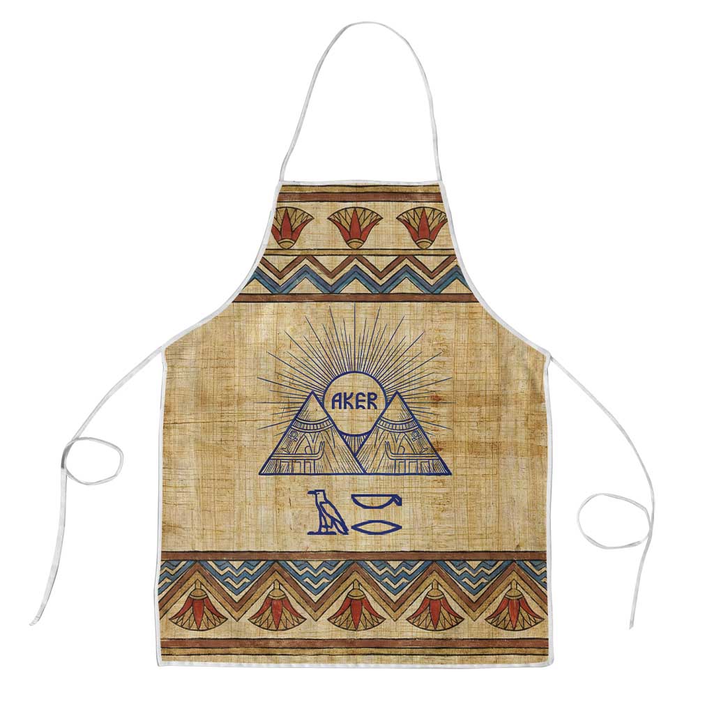 Aker Ancient Egyptian Apron with Hieroglyphic Pattern, Pyramid Symbol, and Twin Lion Guardians Motif - African Pride