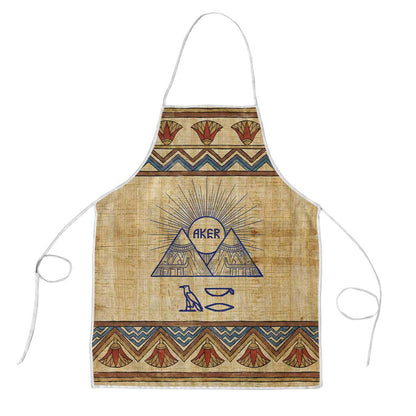 Aker Ancient Egyptian Apron with Hieroglyphic Pattern, Pyramid Symbol, and Twin Lion Guardians Motif - African Pride