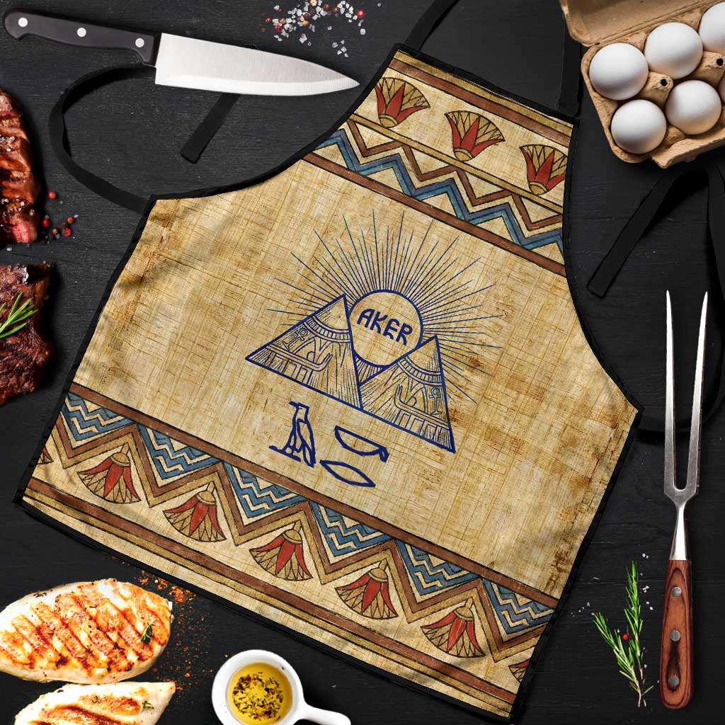 Aker Ancient Egyptian Apron with Hieroglyphic Pattern, Pyramid Symbol, and Twin Lion Guardians Motif - African Pride