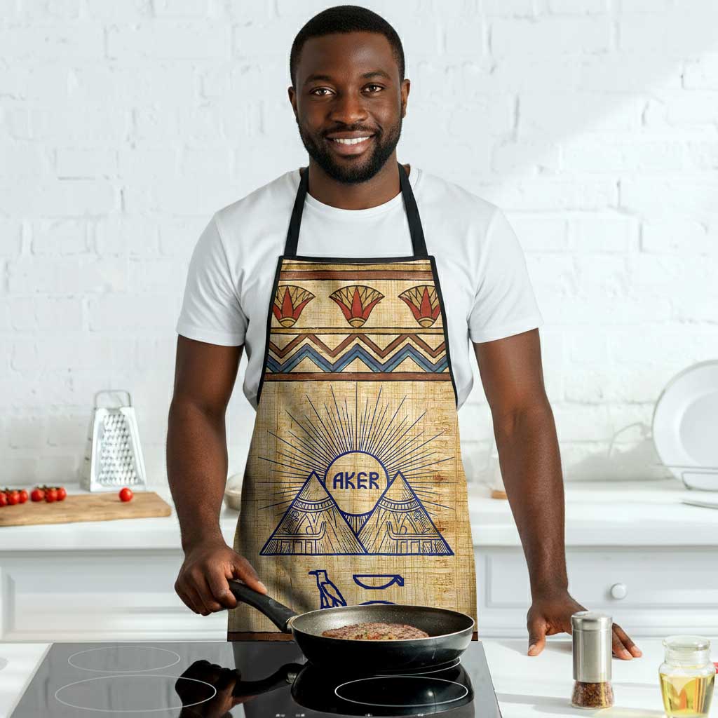 Aker Ancient Egyptian Apron with Hieroglyphic Pattern, Pyramid Symbol, and Twin Lion Guardians Motif - African Pride