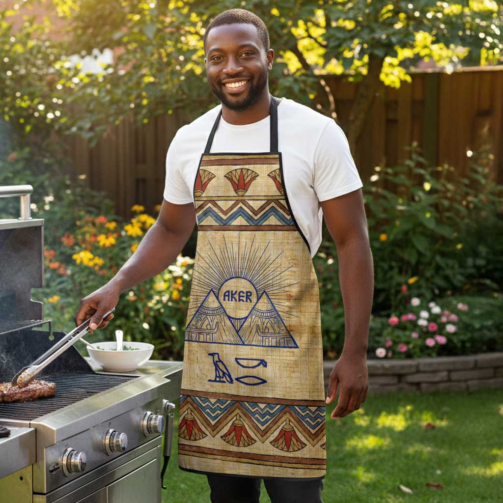 Aker Ancient Egyptian Apron with Hieroglyphic Pattern, Pyramid Symbol, and Twin Lion Guardians Motif - African Pride