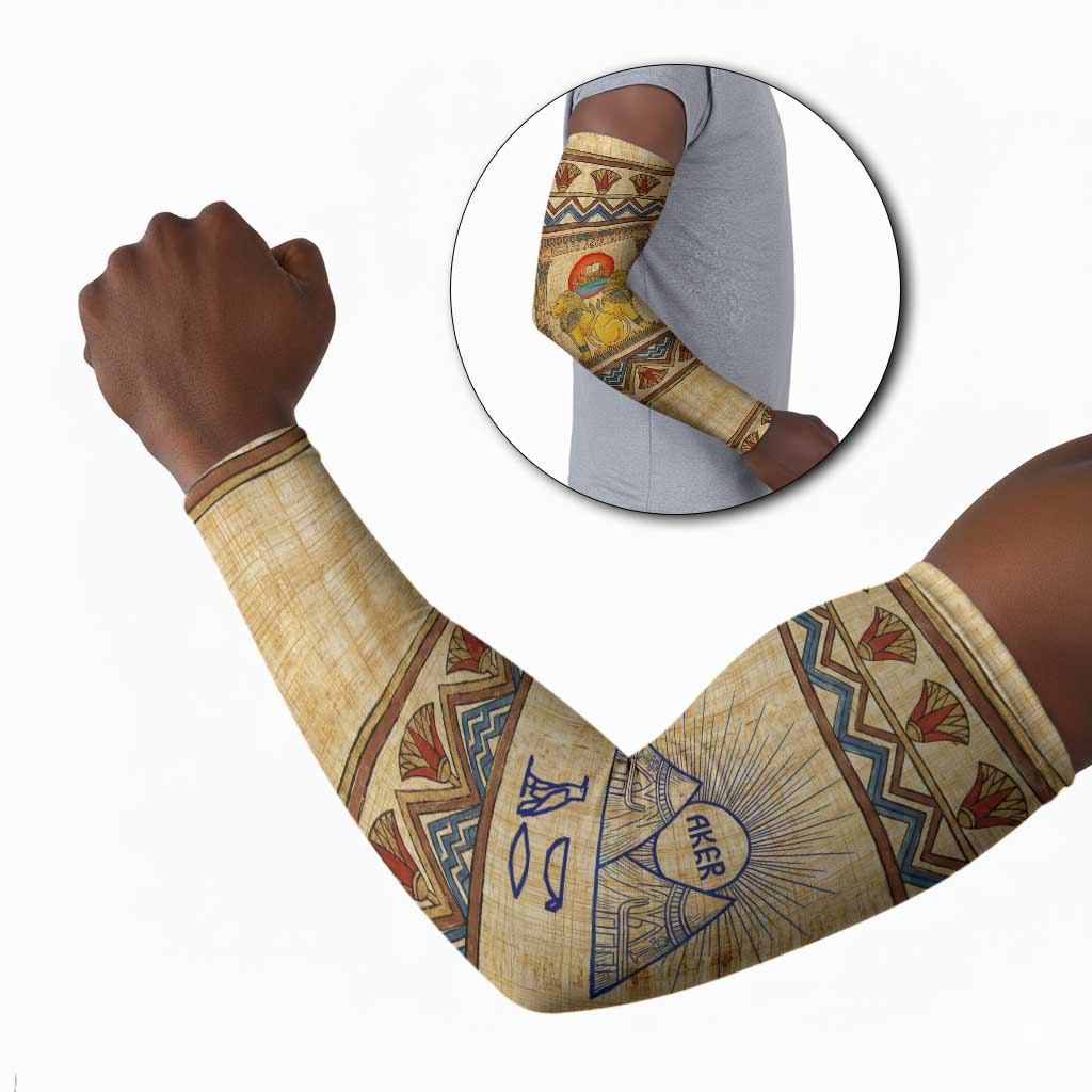 Aker Ancient Egyptian Arm Sleeves with Hieroglyphic Pattern, Pyramid Symbol, and Twin Lion Guardians Motif - African Pride