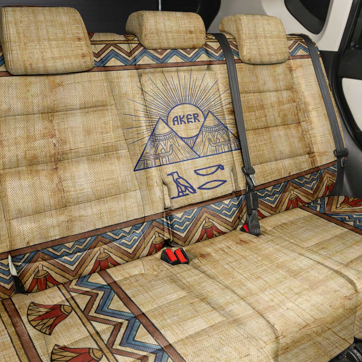 Aker Ancient Egyptian Back Car Seat Cover with Hieroglyphic Pattern, Pyramid Symbol, and Twin Lion Guardians Motif - African Pride