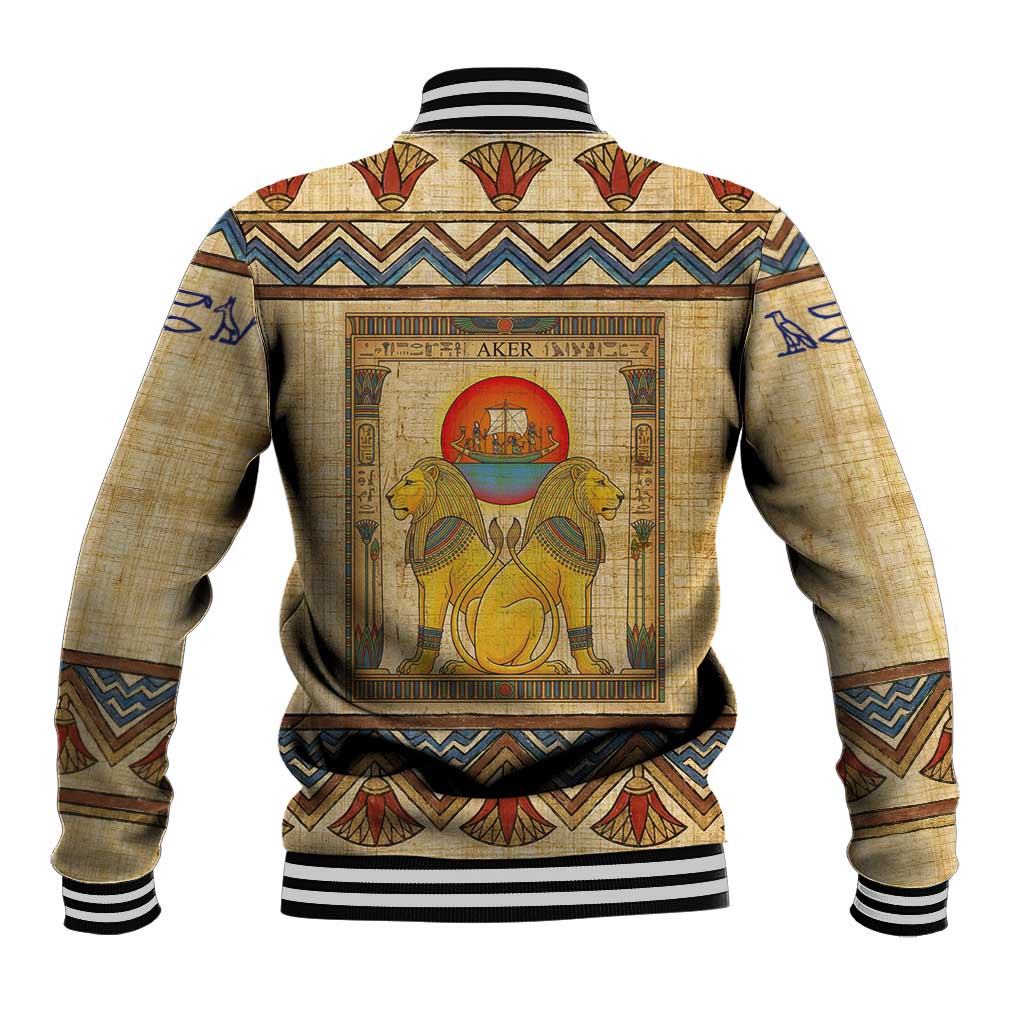 Aker Ancient Egyptian Baseball Jacket with Hieroglyphic Pattern, Pyramid Symbol, and Twin Lion Guardians Motif - African Pride