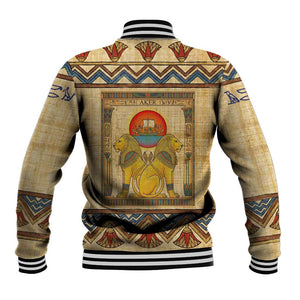 Aker Ancient Egyptian Baseball Jacket with Hieroglyphic Pattern, Pyramid Symbol, and Twin Lion Guardians Motif - African Pride