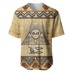 Aker Ancient Egyptian Baseball Jersey with Hieroglyphic Pattern, Pyramid Symbol, and Twin Lion Guardians Motif - African Pride