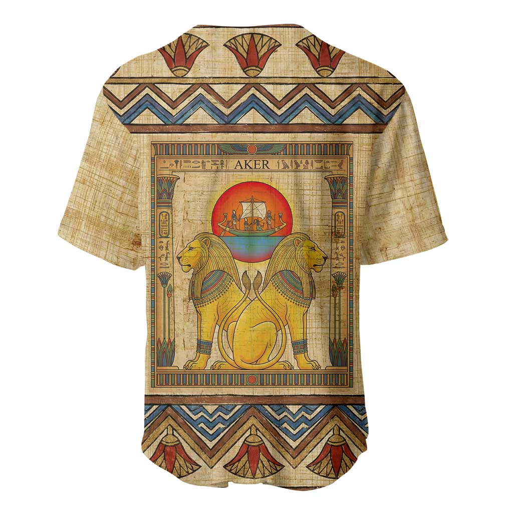 Aker Ancient Egyptian Baseball Jersey with Hieroglyphic Pattern, Pyramid Symbol, and Twin Lion Guardians Motif - African Pride