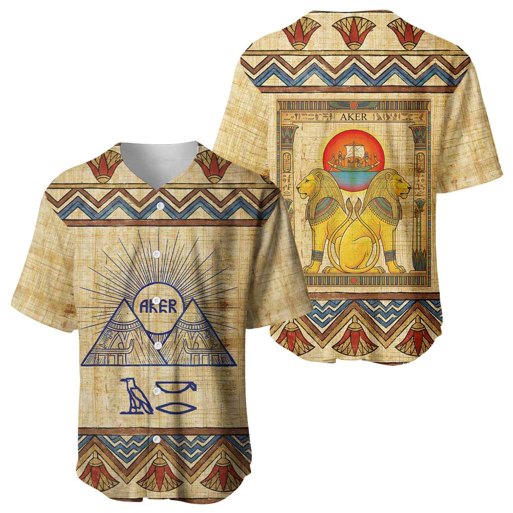 Aker Ancient Egyptian Baseball Jersey with Hieroglyphic Pattern, Pyramid Symbol, and Twin Lion Guardians Motif - African Pride