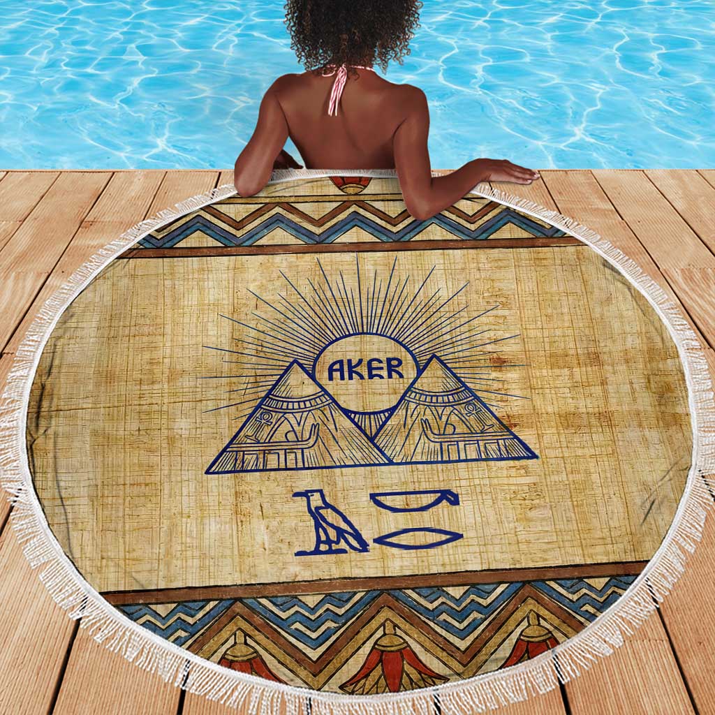 Aker Ancient Egyptian Beach Blanket with Hieroglyphic Pattern, Pyramid Symbol, and Twin Lion Guardians Motif - African Pride