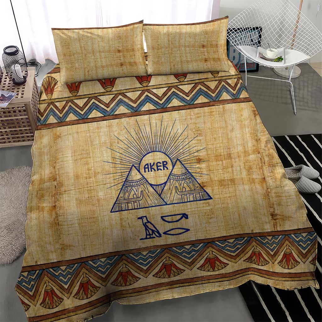 Aker Ancient Egyptian Bedding Set with Hieroglyphic Pattern, Pyramid Symbol, and Twin Lion Guardians Motif - African Pride