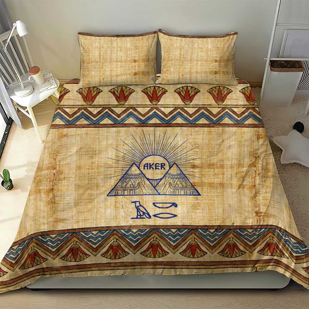 Aker Ancient Egyptian Bedding Set with Hieroglyphic Pattern, Pyramid Symbol, and Twin Lion Guardians Motif - African Pride