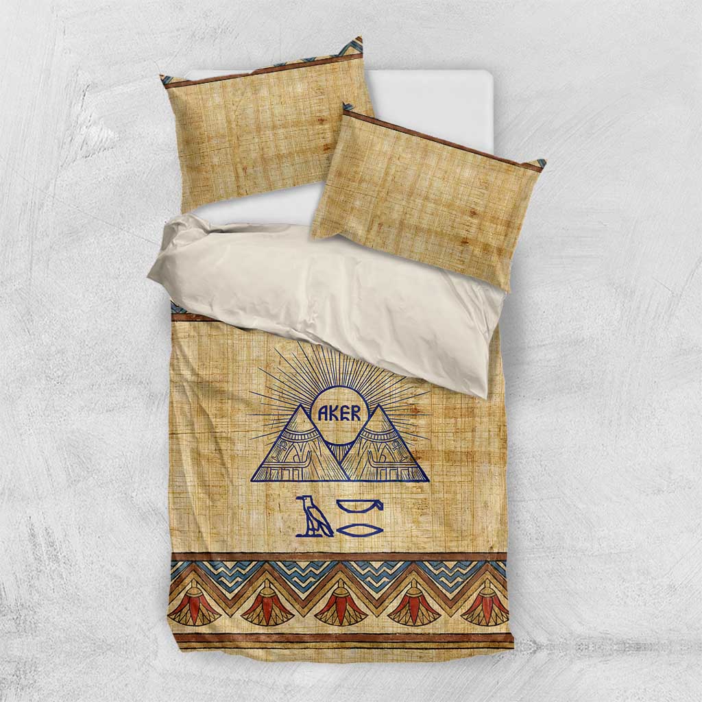 Aker Ancient Egyptian Bedding Set with Hieroglyphic Pattern, Pyramid Symbol, and Twin Lion Guardians Motif - African Pride