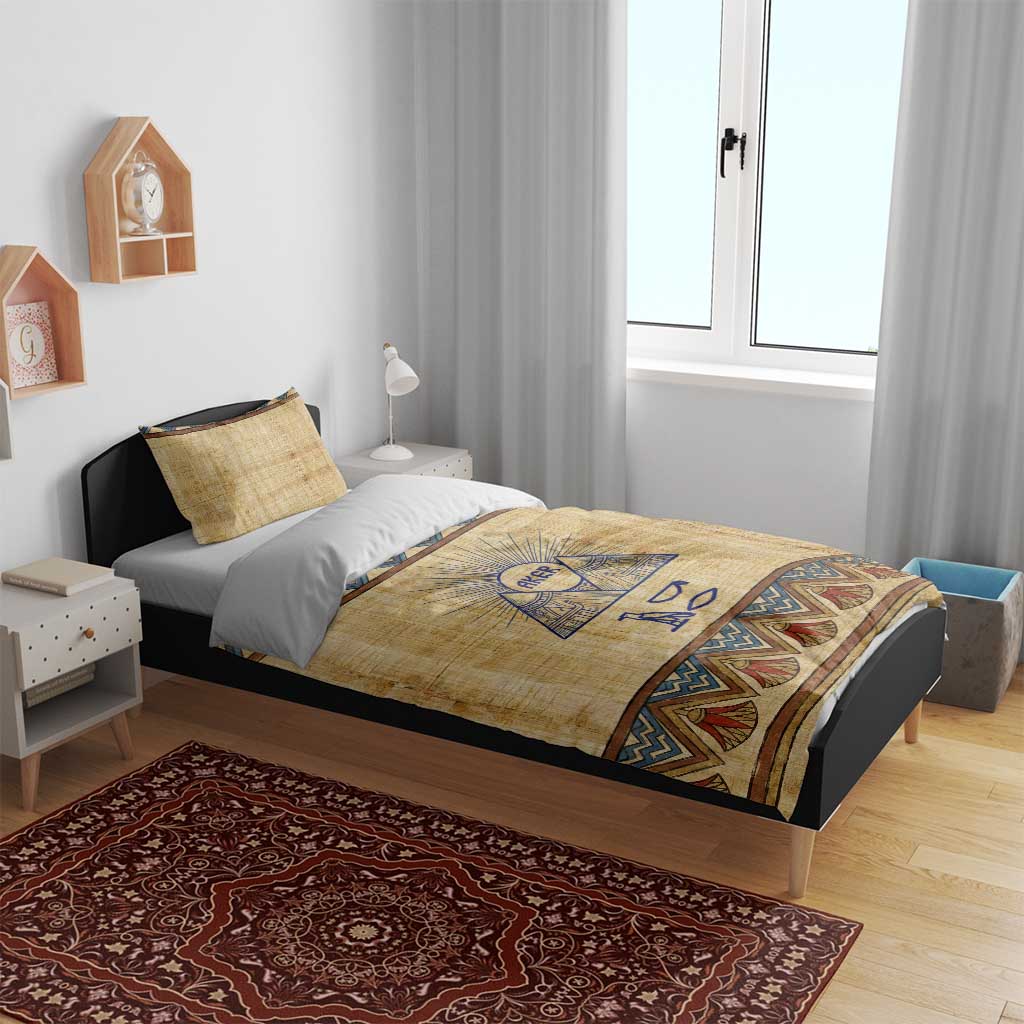 Aker Ancient Egyptian Bedding Set with Hieroglyphic Pattern, Pyramid Symbol, and Twin Lion Guardians Motif - African Pride