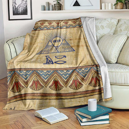 Aker Ancient Egyptian Blanket with Hieroglyphic Pattern, Pyramid Symbol, and Twin Lion Guardians Motif - African Pride