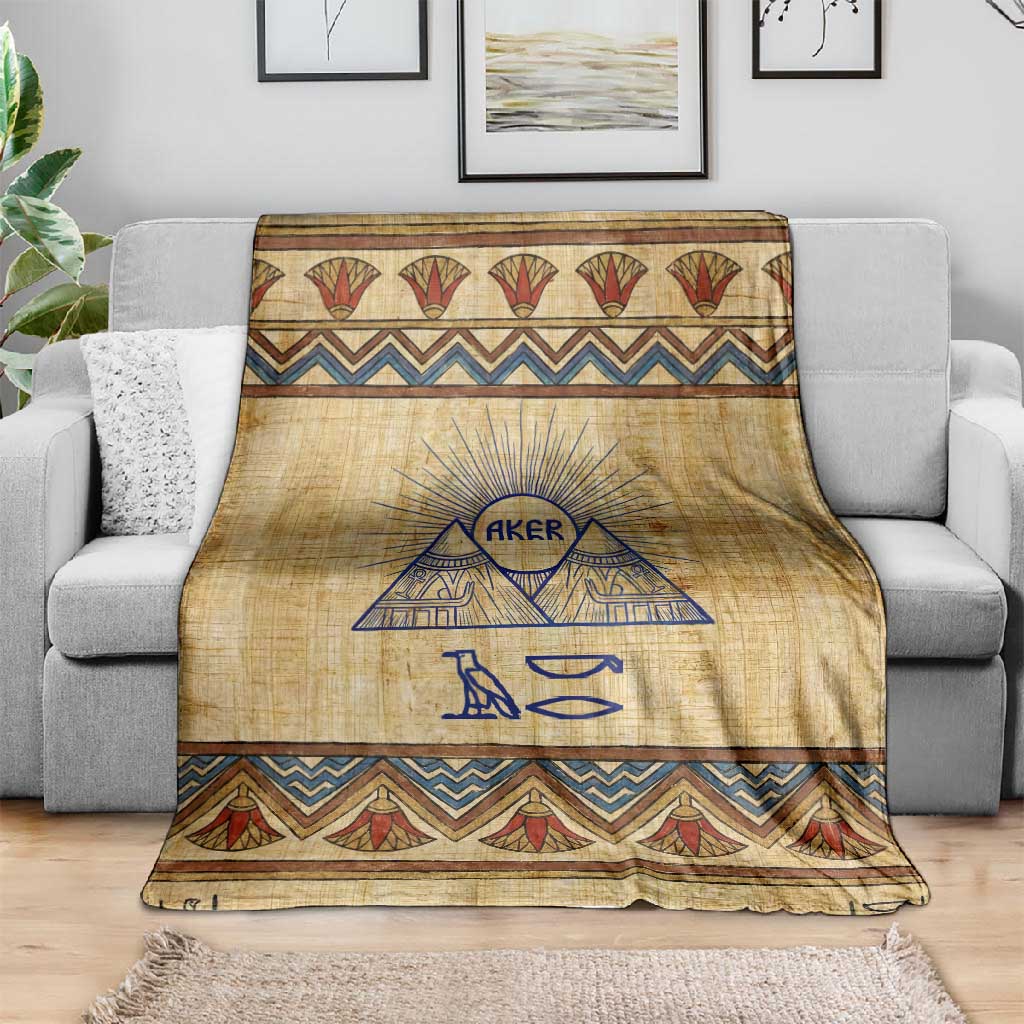 Aker Ancient Egyptian Blanket with Hieroglyphic Pattern, Pyramid Symbol, and Twin Lion Guardians Motif - African Pride